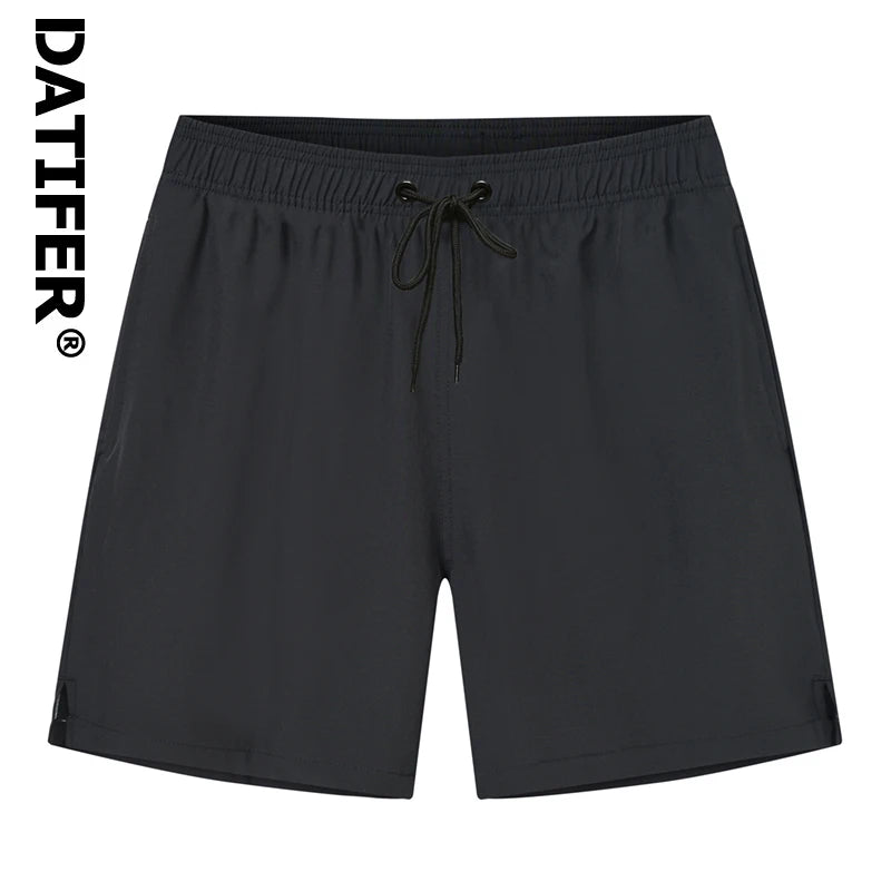 Datifer brand men's summer boardshorts with solid polyester fabric, breathable mesh liner, side pockets, ideal for gym and swim.