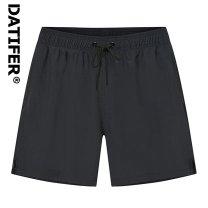 Datifer brand men's summer boardshorts with solid polyester fabric, breathable mesh liner, side pockets, ideal for gym and swim.