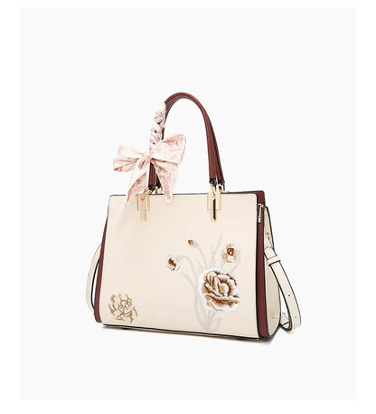FOXER Luxury Embroidery Women's Handbag Split Leather Elegant Lady Tote Bag Chinese Style Shoulder Bag Best Mother's Day Gift