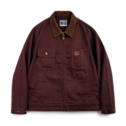 Maden Retro Heavyweight Canvas Detroit Jacket Corduroy Collar Hunting Short Zip-Up Jacket with Pockets Men's Autumn Outerwear