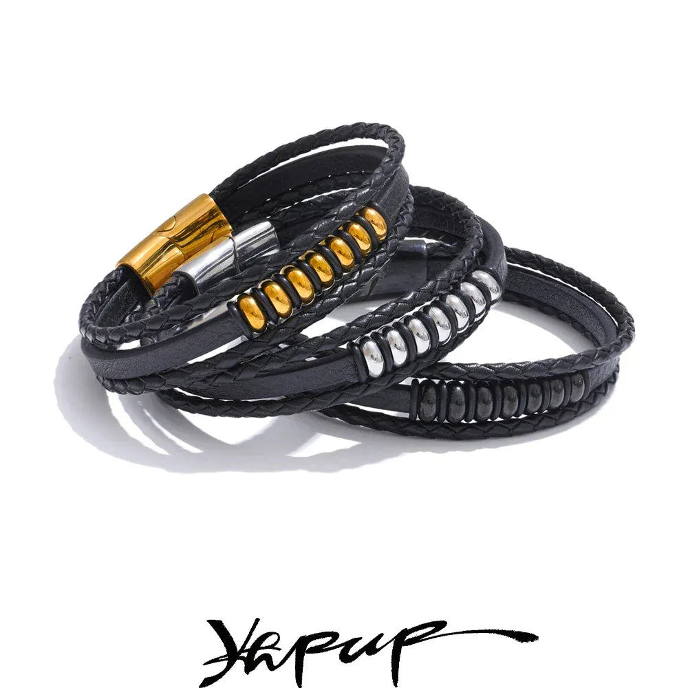 Stylish Black Fibre Leather Layered Men's Wrist Bracelet Bangle - ShopHub