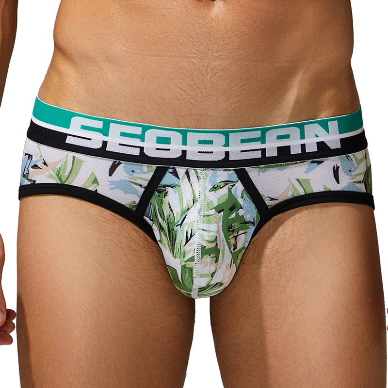 SEOBEAN Men's Printed Briefs Comfortable Breathable Underwear with U Convex Pouch Stylish Triangle Design