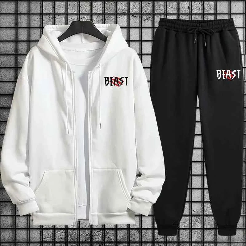 Men Tracksuit Set 2 Pieces Zipper Hoodie and Sweatpants Urban Streetwear Outfit for Autumn Winter Sportswear Fashion