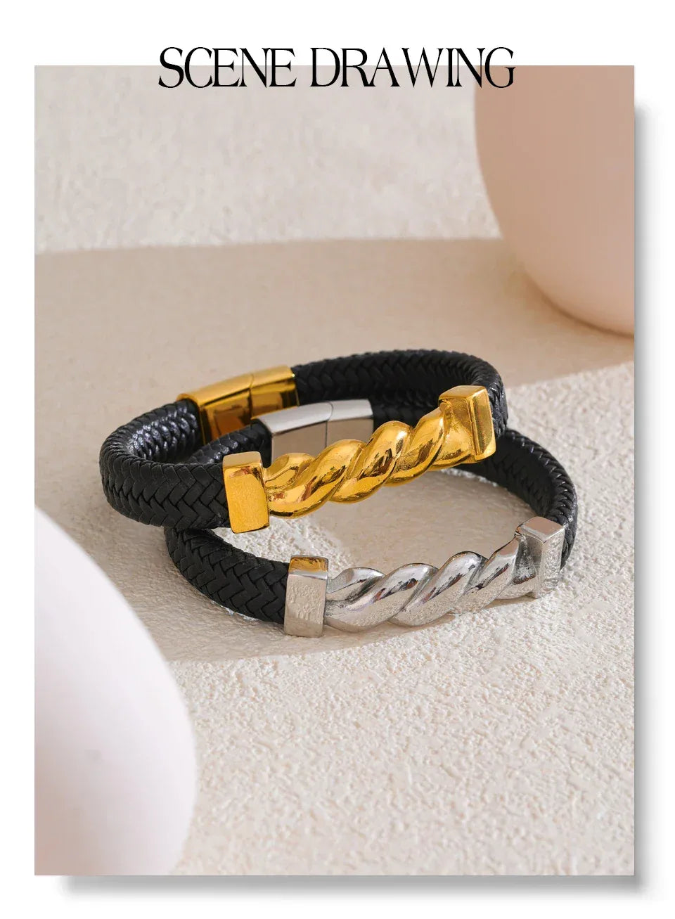 65mm Leather Metal Twisted Chain Handmade Wide Bracelet Bangle - ShopHub