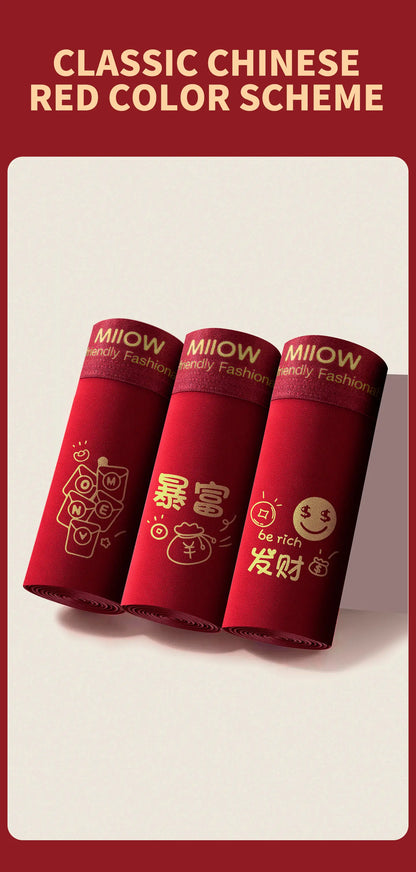 MiiOW 3Pcs Men's Antibacterial Cotton Boxers Lucky Red Breathable Underwear