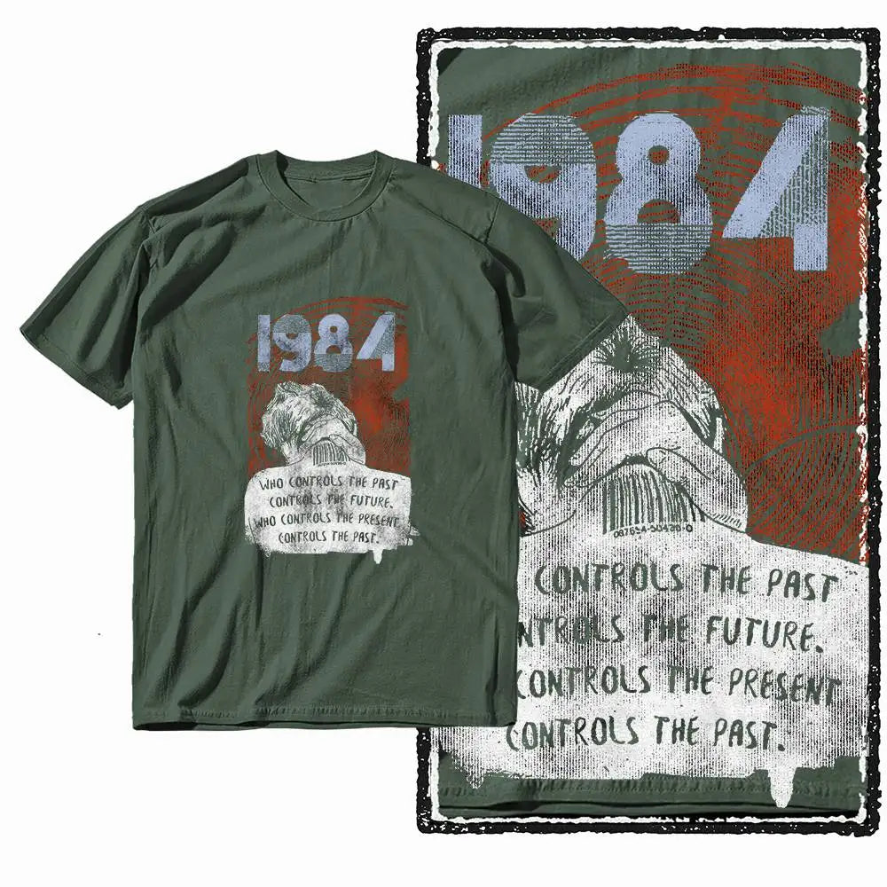 G01 Army Green Cotton Big Size 1984 Graphic Men T-shirt | Streetwear Cool Vintage O-neck Men's Tee Tshirt