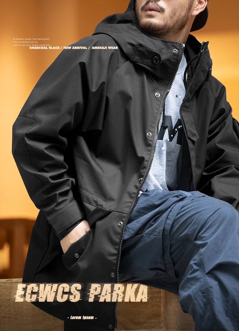 Maden Outdoor Sports Hooded Jacket for Men Black Windbreaker Motorcycle Style Mid-length with Multi-pockets Coat for Autumn