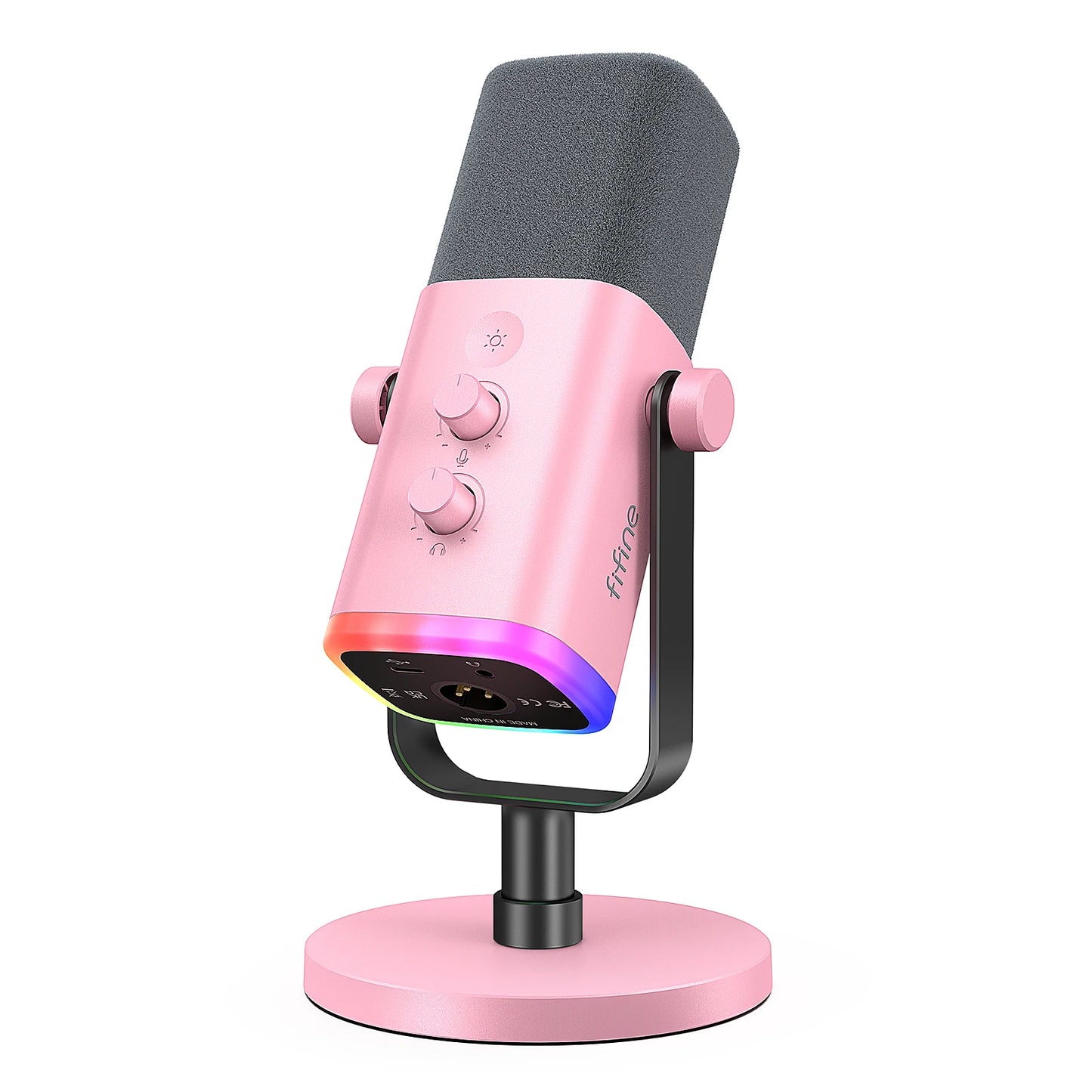 FIFINE USB/XLR gaming microphone on a stand, ideal for streaming and recording, with a sleek black design and adjustable arm