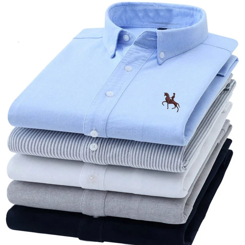 Casual Cotton Oxford Shirts for Men - Long Sleeve Regular Fit White Dress Shirt