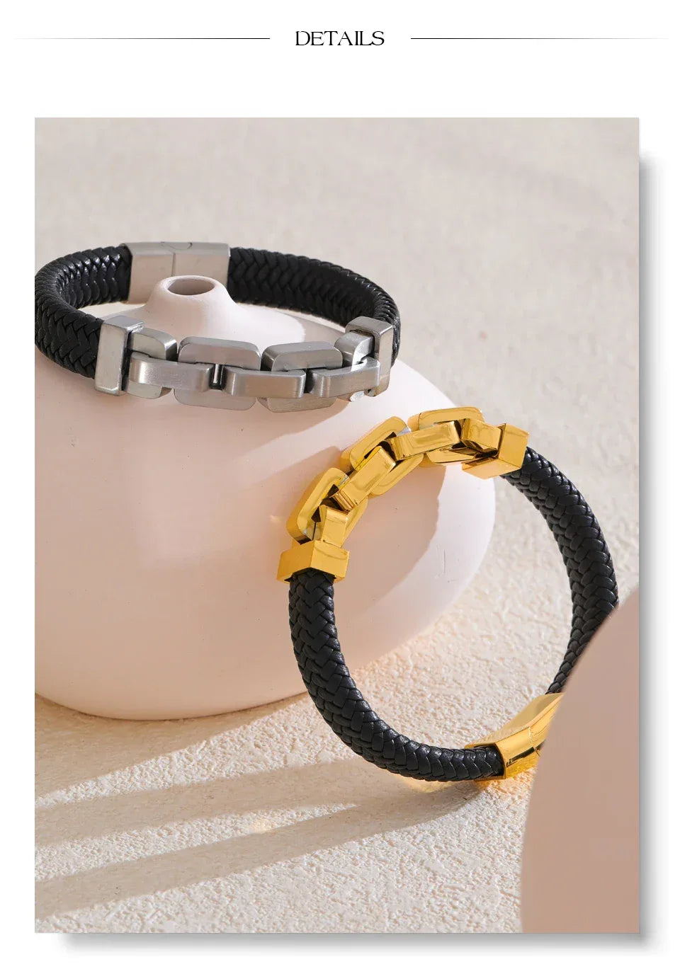 18K PVD Plated Stainless Steel Metal Chain Leather Handmade Men's Bracelet Bangle - ShopHub