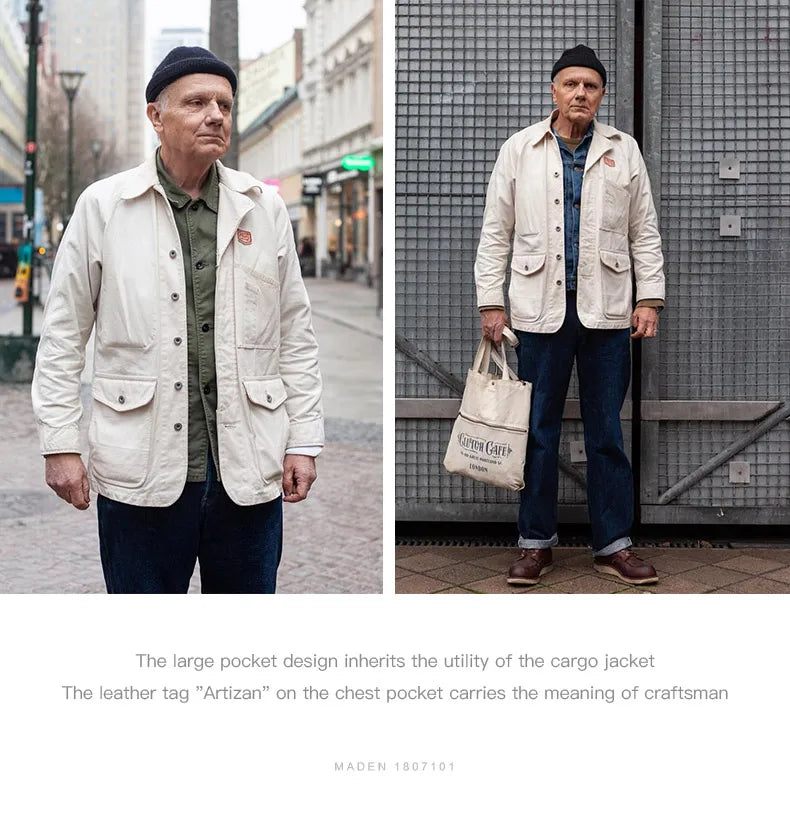 Maden Workwear French Vintage Square Neck White Denim Jacket Large Pocket Raglan Men's Top Early Autumn Coat