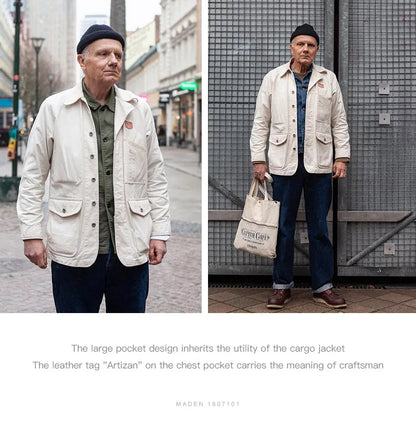 Maden Workwear French Vintage Square Neck White Denim Jacket Large Pocket Raglan Men's Top Early Autumn Coat