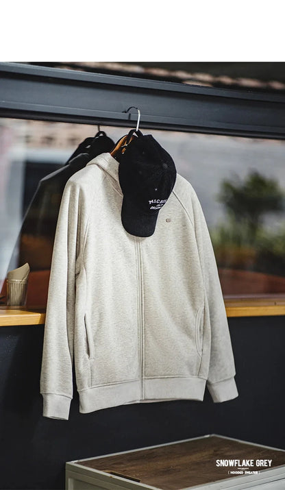 Maden Gray Hooded Sweatshirt for Men Polar Fleece Lining Thickened Warm Zippered Sports Cardigan Autumn and Winter Outer Jacket