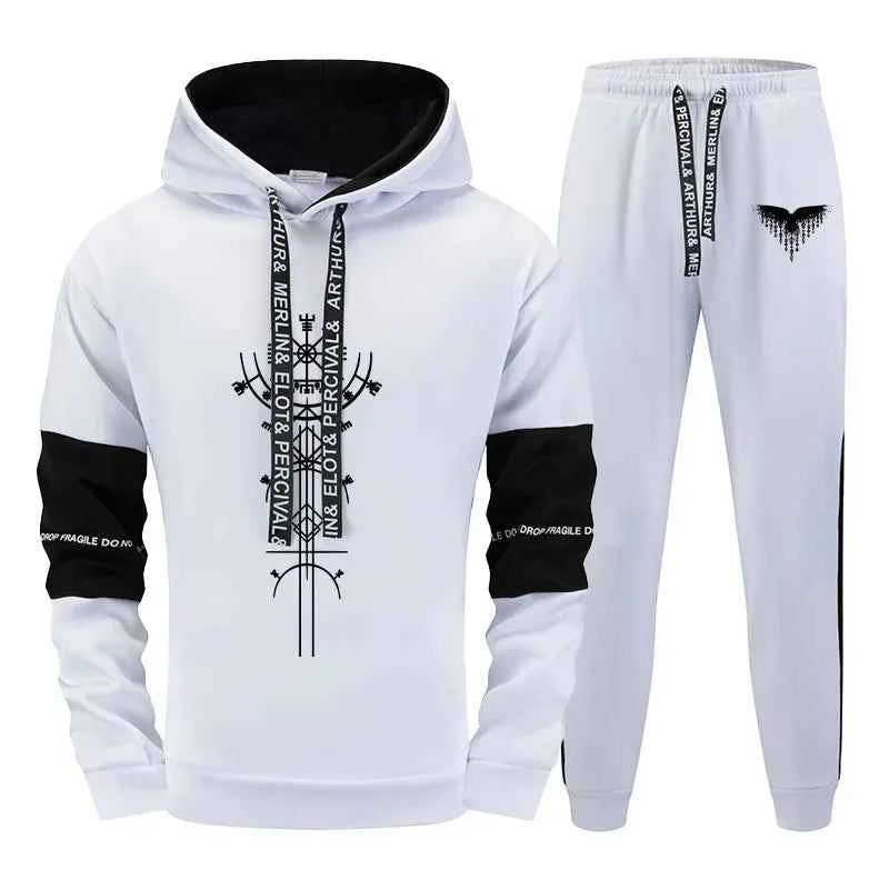 Mens Tracksuit Set Warm Hooded Sweatshirt and Sweatpants 2 Pcs Winter High Quality Casual Jogging Clothing in Black or White