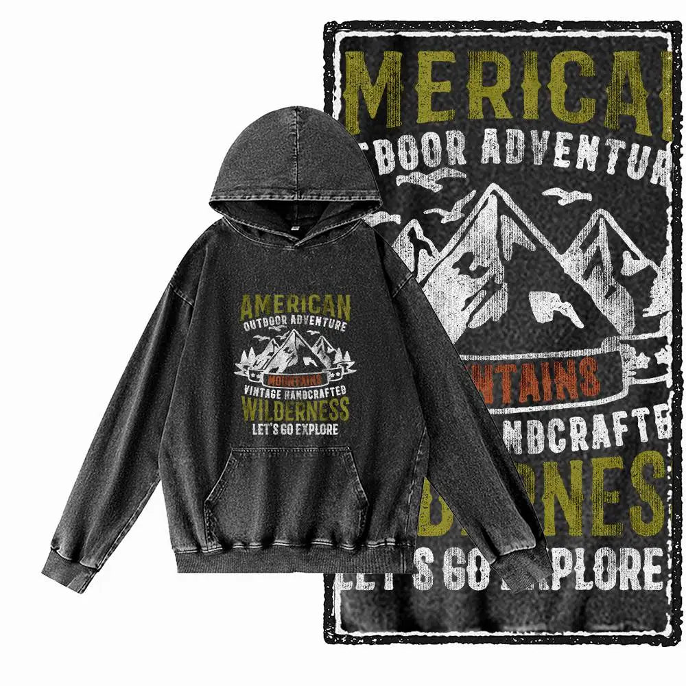 Off-Grid Adventure Graphic Acid-Washed Black Hoodie