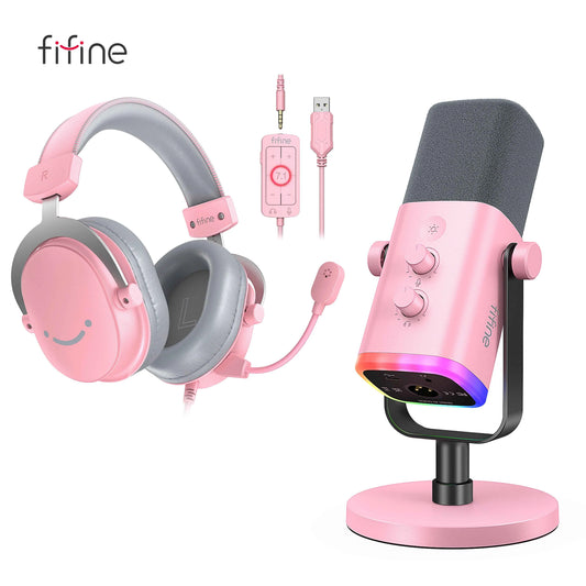 FIFINE Gaming Streaming Headset and Microphone Kit with Gain Knob/RGB/Monitor,for PC/MAC/PS4/PS5/Mixer/YouTube/Steam-AM8TP/H9P