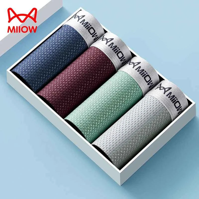 MiiOW Men's Ice Silk Underwear 4Pcs Breathable Mesh Boxers Antibacterial Crotch