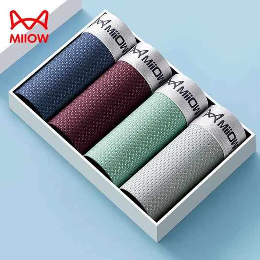 MiiOW Men's Ice Silk Underwear 4Pcs Breathable Mesh Boxers Antibacterial Crotch