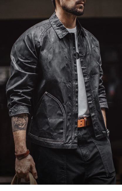 Maden Black Oil Waxed Canvas Hunting Jacket Contrast Topstitching Rugged Cropped Outerwear Casual Short Length for Men Autumn