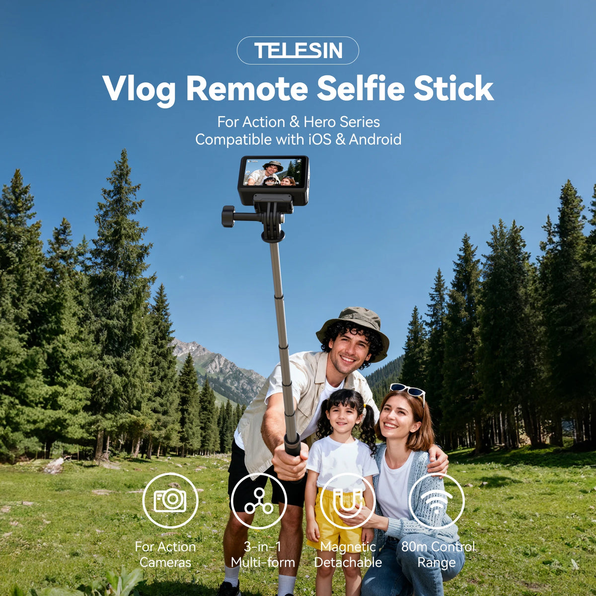 TELESIN 3-in-1 Bluetooth Selfie Stick Tripod with 80m Remote Control