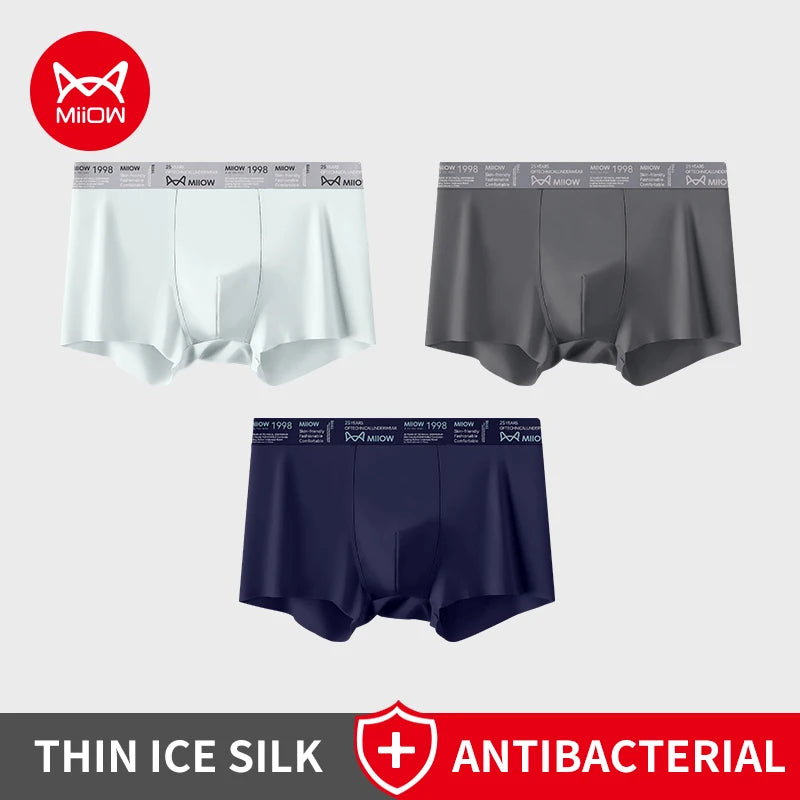 MiiOW Ice Silk Men Underwear - 3Pcs Breathable Ultra-thin Antibacterial Boxers for Ultimate Comfort