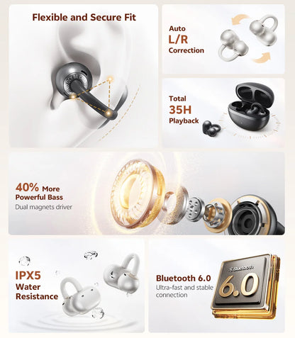 QCY CT06 Open Ear Wireless Earbuds with 4-Mic Calls and Bass Boost - Bluetooth 6.0 Clip-On Sports Headphones with 35 Hours Playtime - ShopHub