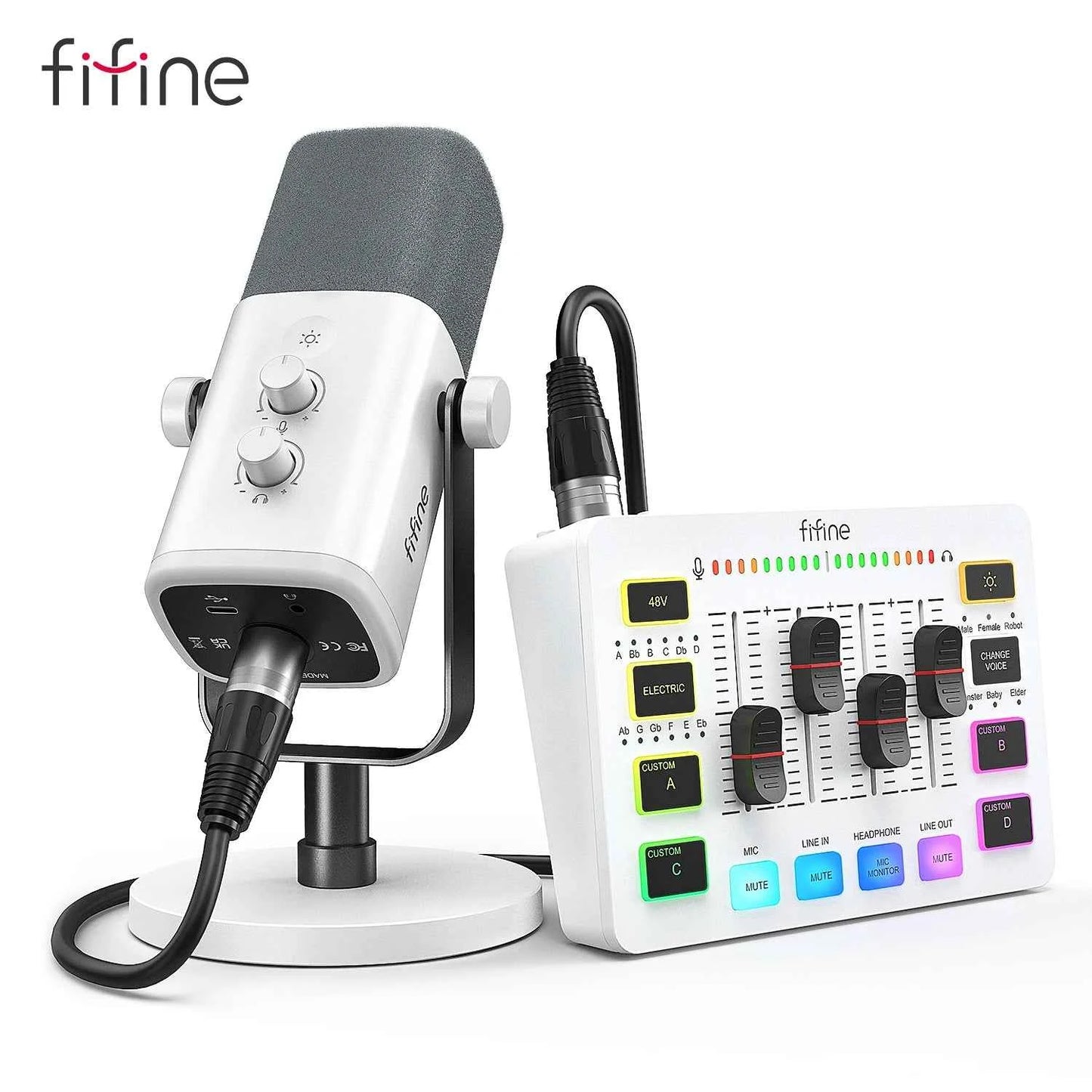 FIFINE RGB Streaming Podcast Kit with Dynamic Mic & Audio Mixer for Gaming/Recording/Live Streaming, Instant Audio Control- KS5W