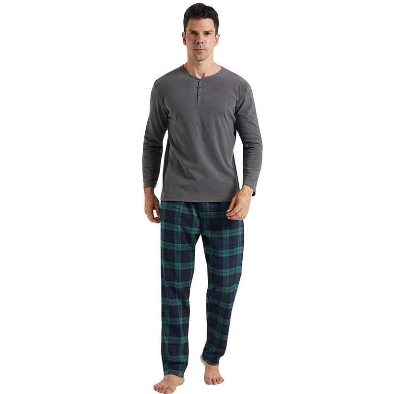 Men's flannel pajama set by ShopHub NZ featuring a cozy plaid design, ideal for comfortable evening relaxation.