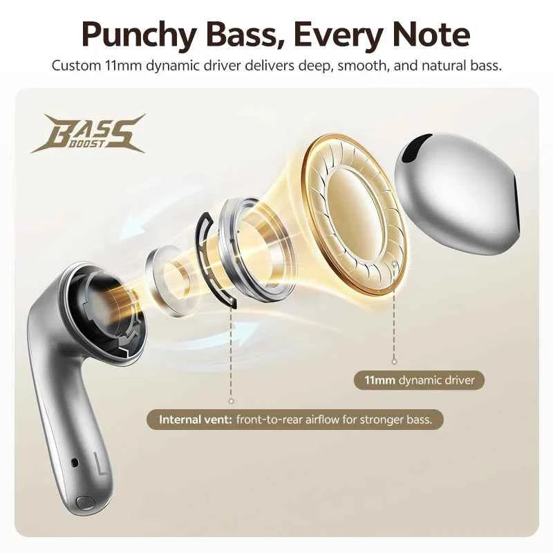 QCY AilyBuds E50 Wireless Earbuds with Bluetooth 6.0, Spatial Sound, 11mm Drivers, In-Ear Detection, HT11 Bass Boost, and 40H Playtime