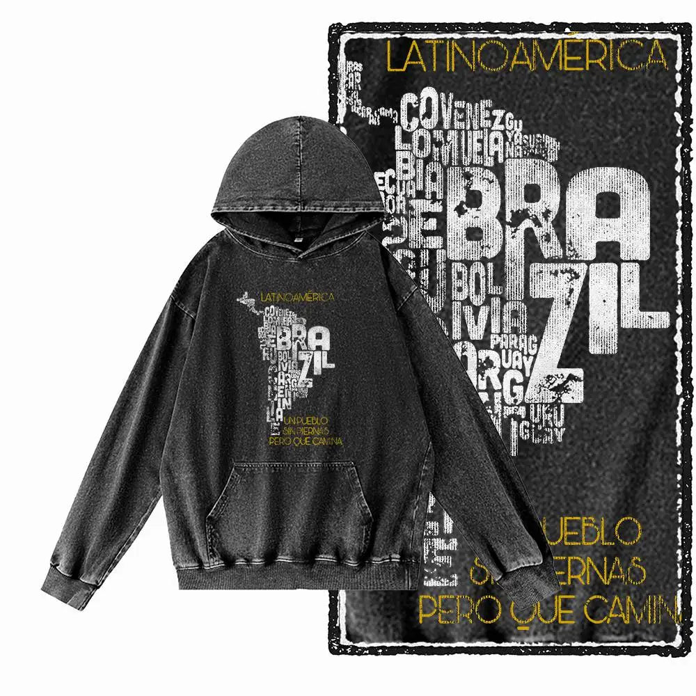 COOLMIND G25 Vintage Print Acid-Washed Black Hoodie