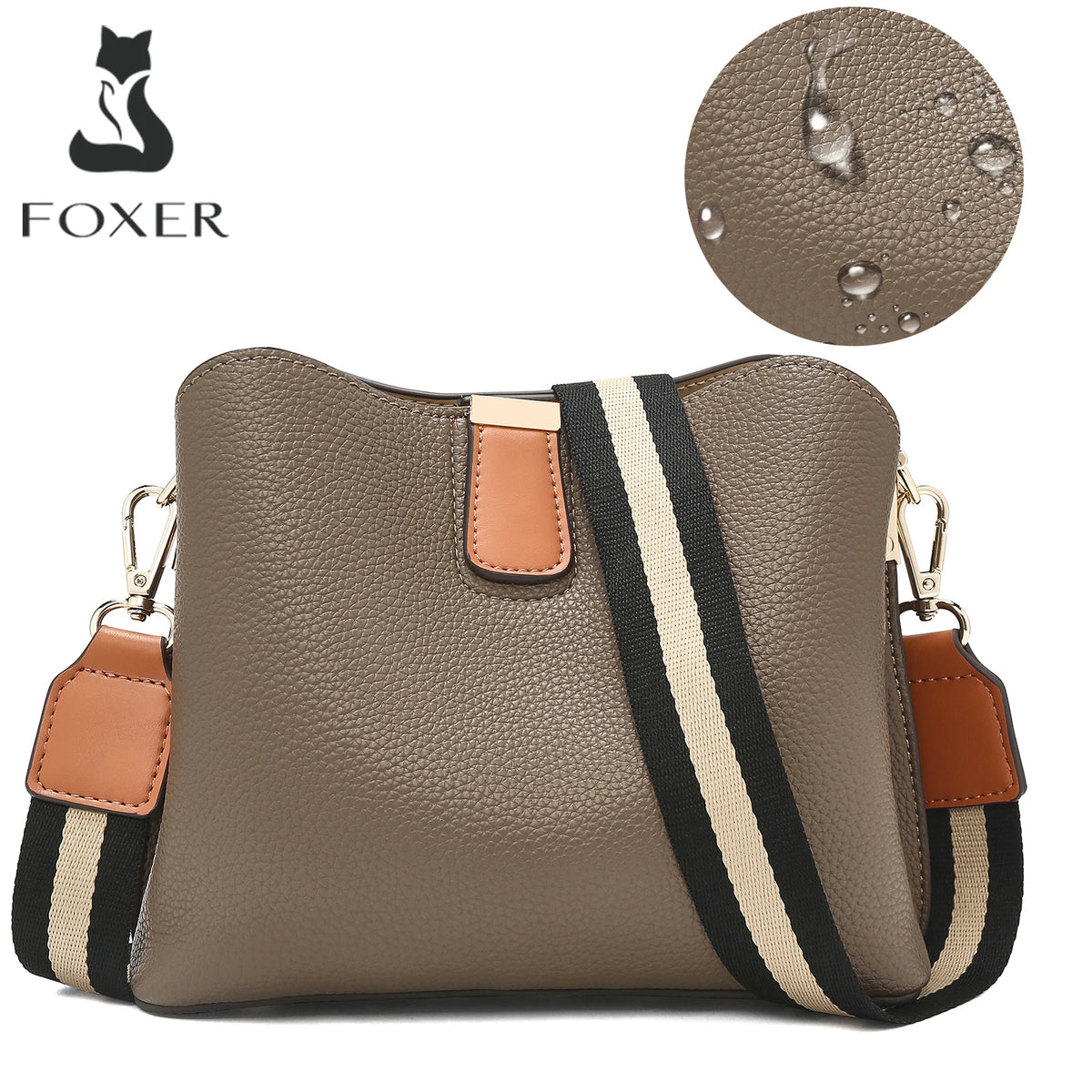 FOXER Brand New Shoulder Bag for Women PU Leather Retro Large Capacity Bucket Bag Female Crossbody Purse Tote Commuting Purse