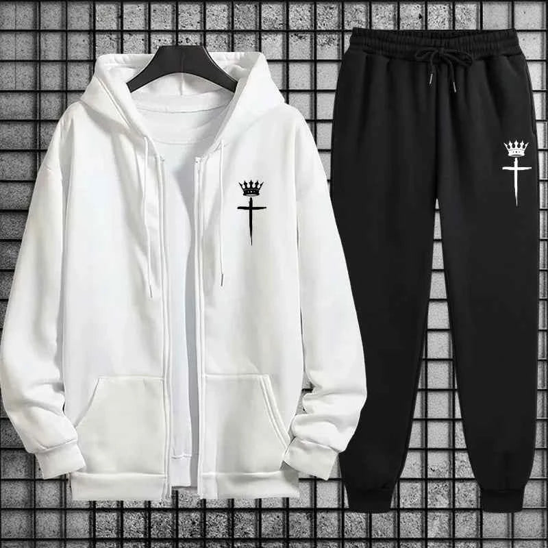 Cross Crown Tracksuit for Men – 2 Piece Zipper Hoodie and Sweatpants Urban Streetwear for Autumn & Winter Casual Sportswear