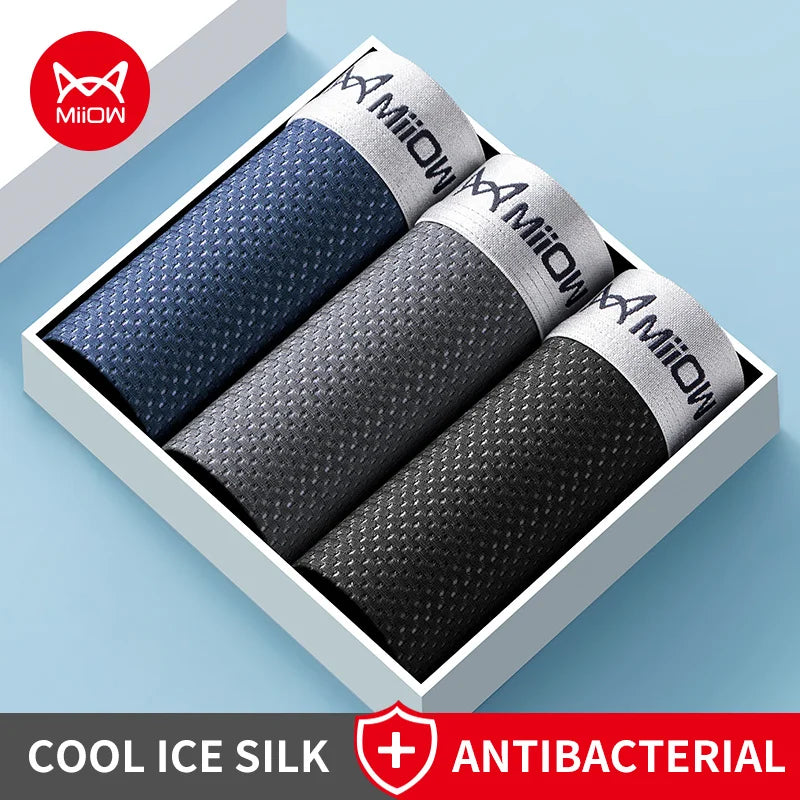 MiiOW Ice Silk Men's Underwear - 3Pcs Breathable Mesh Antibacterial Boxer Briefs
