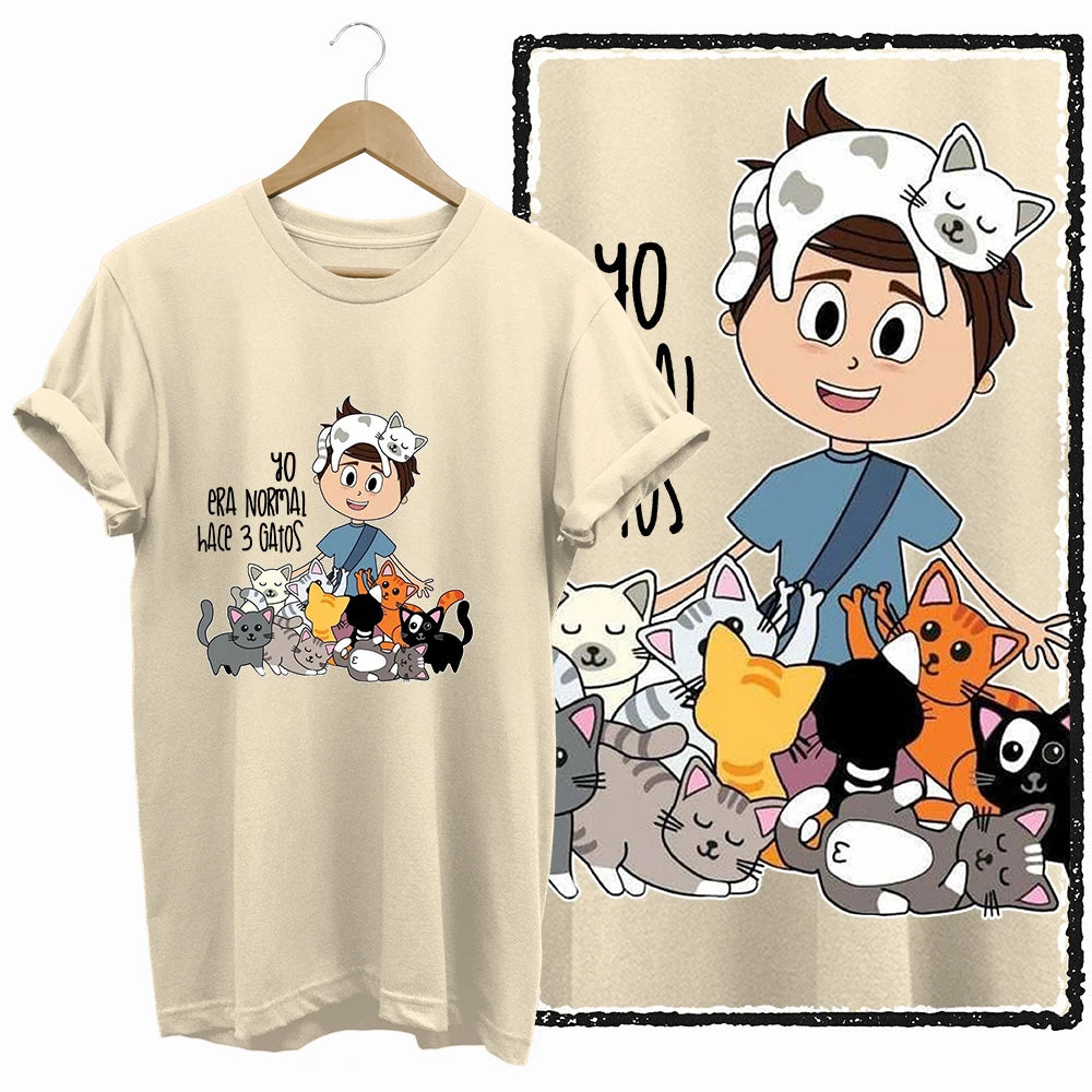 COOLMIND 100% Cotton Beige Cat Print Exclusive Graphic Women T Shirt Big Size Loose Cotton Cat Lover Women T Shirt Lovely Cat Te