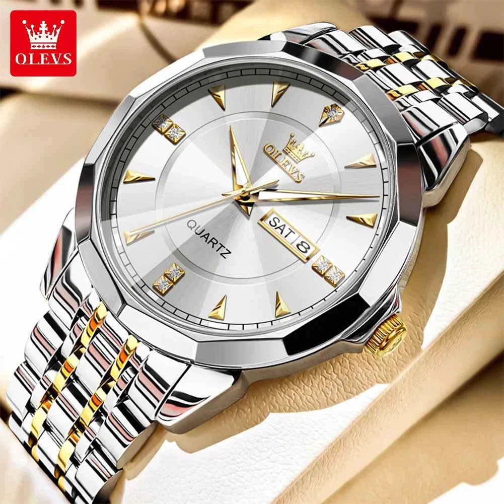 OLEVS 9977 Mens Watch Original Quartz Luminous Waterproof Day-Date Watch for Ladies and Gentlemen with Gift Box