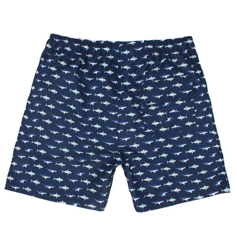Men's summer swimming shorts with colorful print, polyester fabric, mesh liner, suitable for swimming, gym, and sports activities.