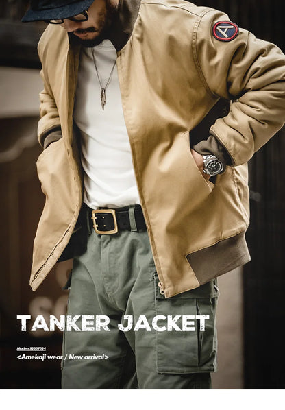 Maden Men’s Brown Flight Bomber Jackets Vintage Pilot Aviator Monocycle Jacket Slim Fit With Patches Stand Collar