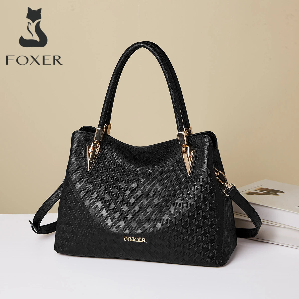 FOXER Lady's Handbag Genuine Leather 2026 Elegant Female Shoulder Bag Luxury Design Crossbody Bag Diamond Embossing Commute Work