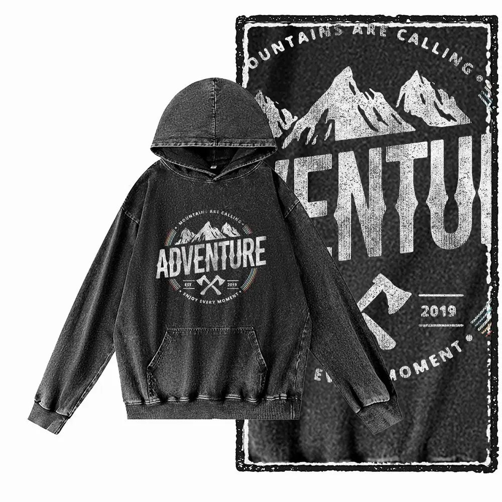 Off-Grid Adventure Graphic Acid-Washed Black Hoodie
