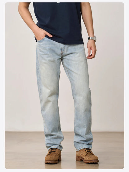 SIMWOOD 2026 Autumn Winter New Loose Straight 13oz 100% Cotton Fabric Jeans Men Washed Vintage Classical Denim Trousers