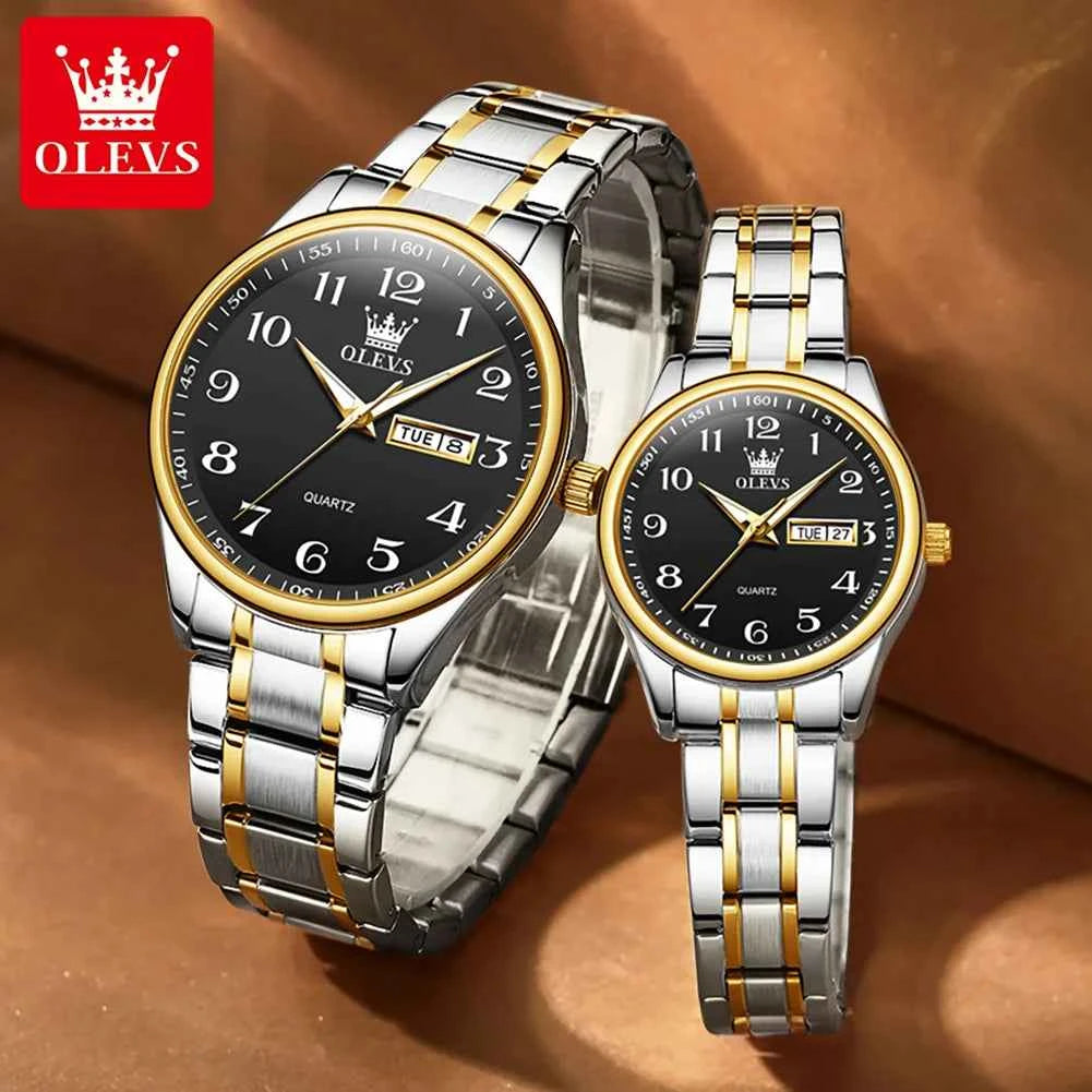 OLEVS 5567 Couple Luxury Watches Water Resistant Luminous Quartz Wristwatch with Day Date for Perfect Couple Gifts
