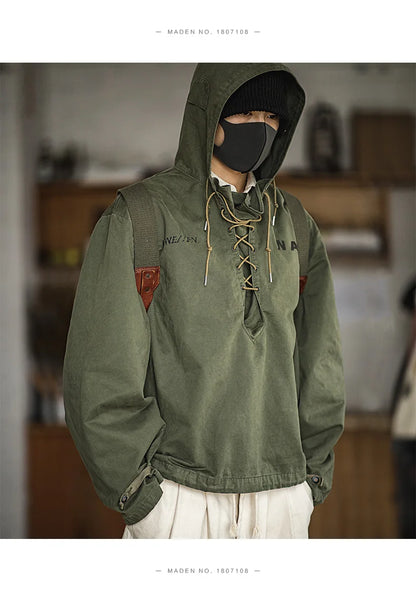 Maden Retro Green Deck Jacket Hooded Sweatshirt wtih Drawstring Collar Cuffs Adjustable Design Windbreaker Pullover for Men