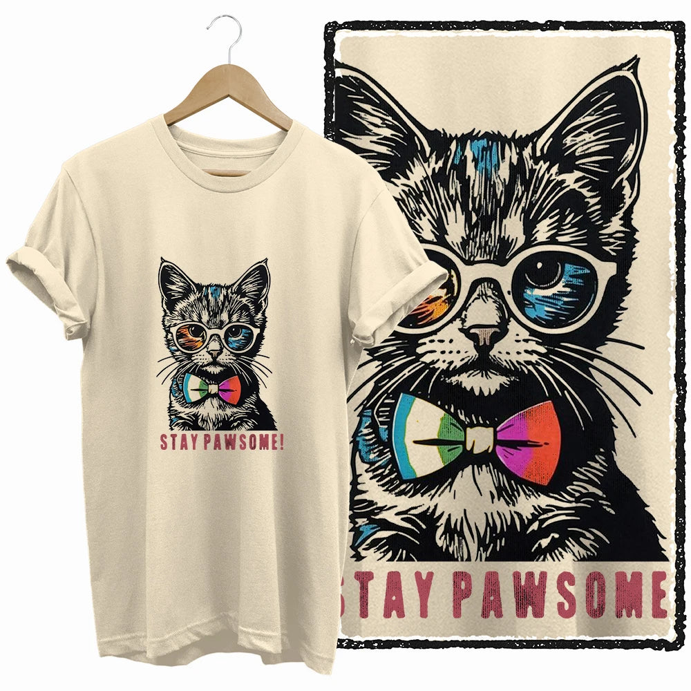 COOLMIND Beige Cat Graphic T-Shirt | Women's Relaxed Fit