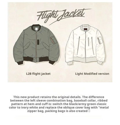 Maden Men's Vintage L2B Pilot Jacket White Lightweight Flight Bomber Jacket Short Zip-Up Casual Baseball Coat for Spring Autumn