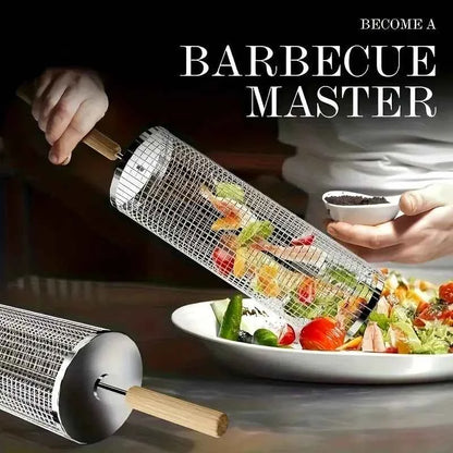 2-Piece Stainless Steel BBQ Grill Set with Wood Handle & Hook, Heavy Duty Portable Outdoor Camping Cooking Tool