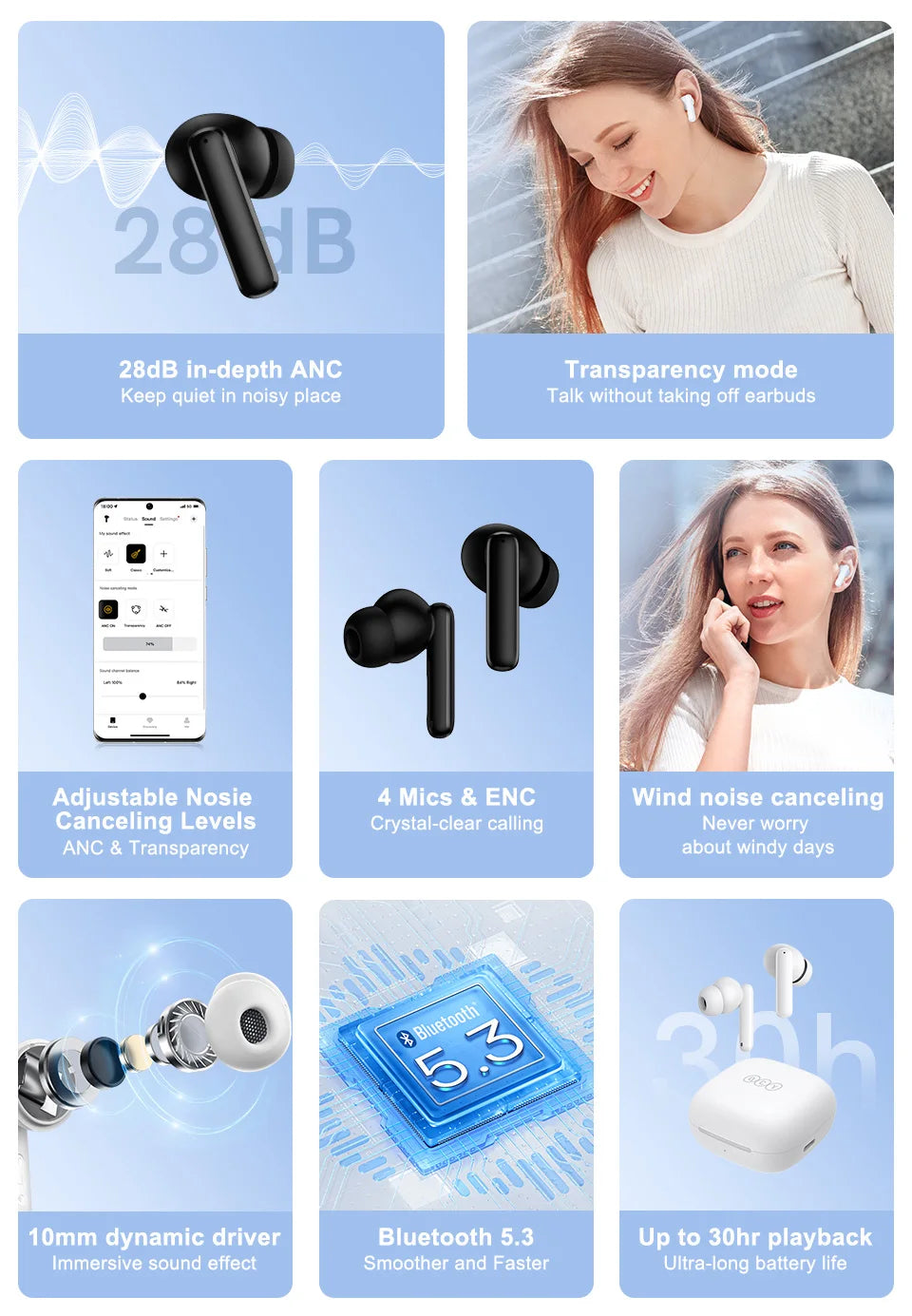 QCY T13 ANC Wireless Earphones Bluetooth 5.3 with 28dB Active Noise Cancellation and 4 Mics ENC for Low Latency TWS Experience - ShopHub