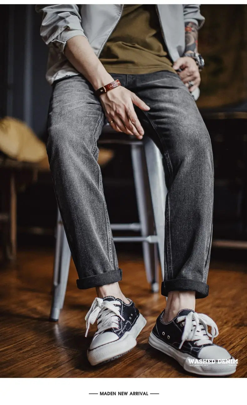 Maden Vintage 13oz Heavyweight Washed Gray Denim Jeans Men's Straight Leg Tapered Pants Casual Trousers for Spring and Fall