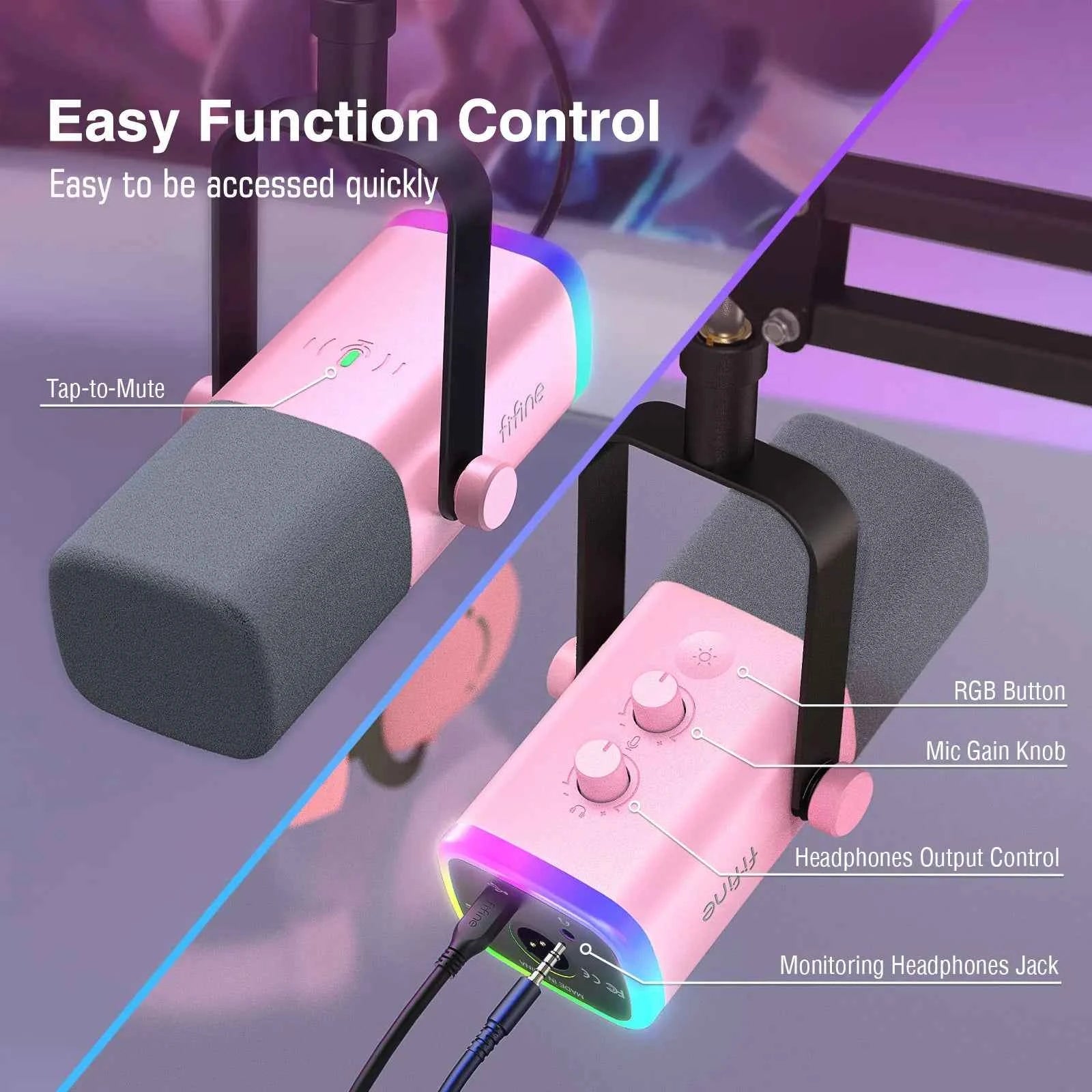 FIFINE Gaming USB/XLR Dynamic Microphone Kit with Gain Knob/RGB/Monitor,Boom Arm Mic Set for PC PS5/4 Mixer-AmpliGame Pink AM8TP