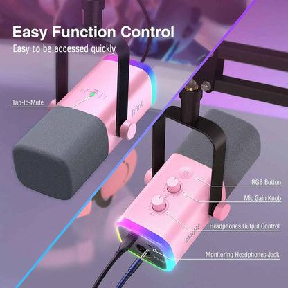 FIFINE Gaming USB/XLR Dynamic Microphone Kit with Gain Knob/RGB/Monitor,Boom Arm Mic Set for PC PS5/4 Mixer-AmpliGame Pink AM8TP
