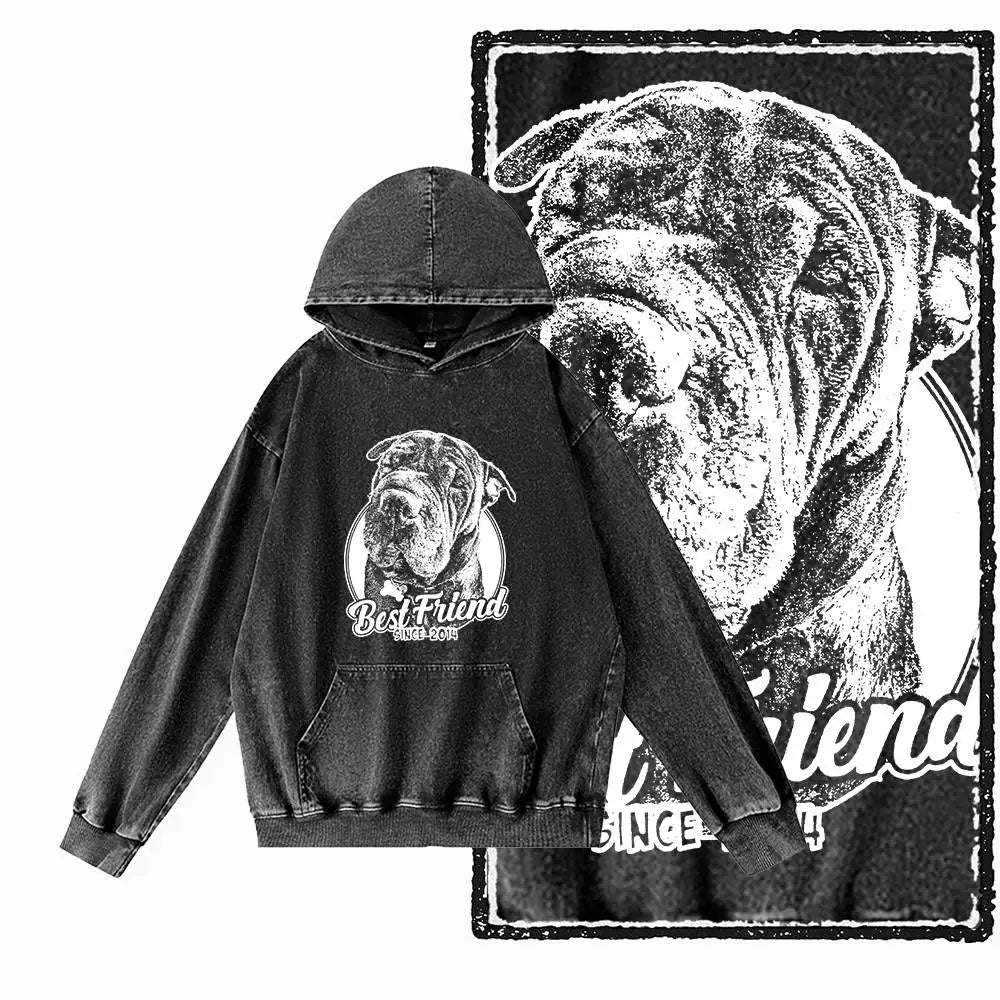 Vintage Dog Graphic Acid-Washed Black Hoodie